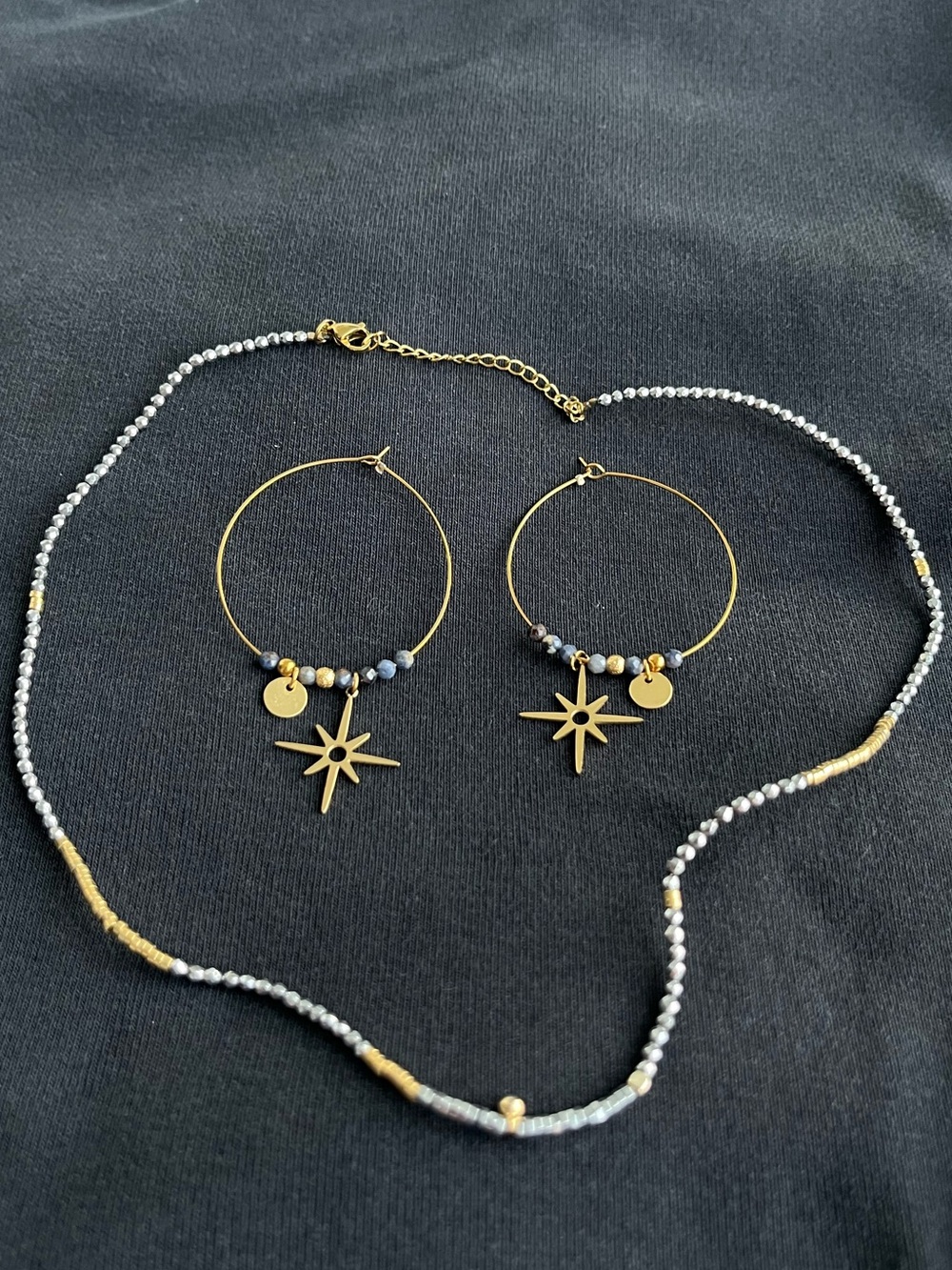 ZAG Bijoux Stainless Steel Necklace & Hoop Earrings Set – Two Tone Beads